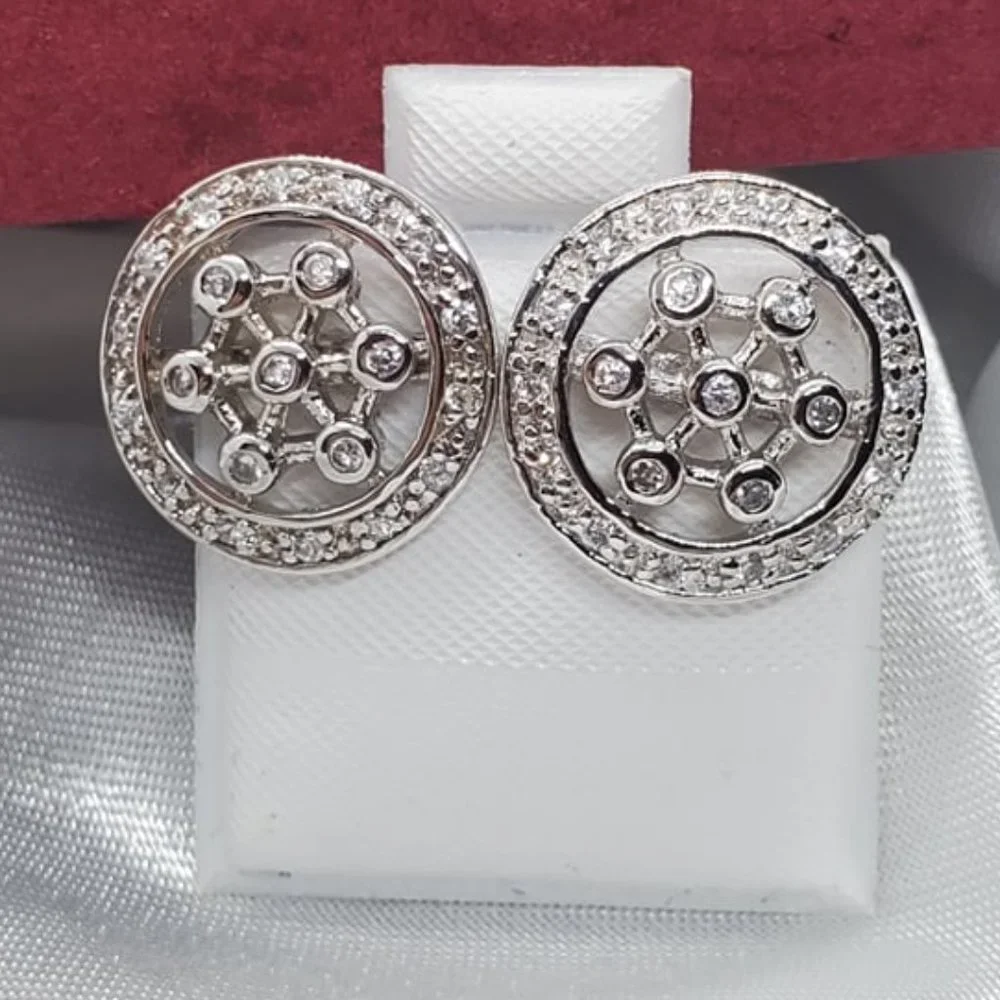 Sterling Silver 925 Rhodium Plated Round Helm Wheel CZ Stud Earrings